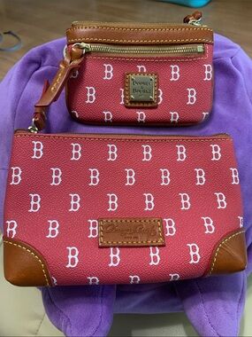 Dooney & Bourke Coral Red Monogram Cosmetic Pouch Duo with Tan Leather Trim